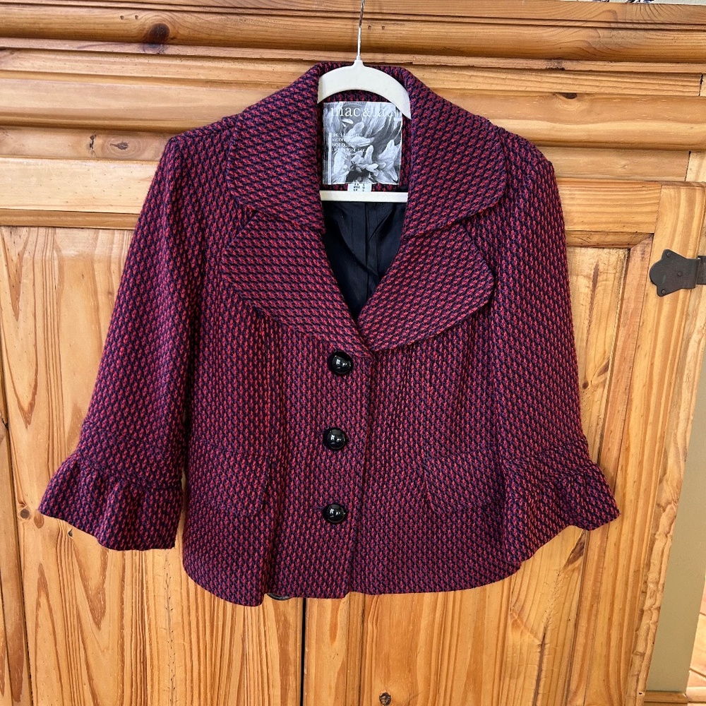 Mac & Jac Blazer Red Black Purple Tweed Short Button Up 3/4 Sleeves Wmn Large